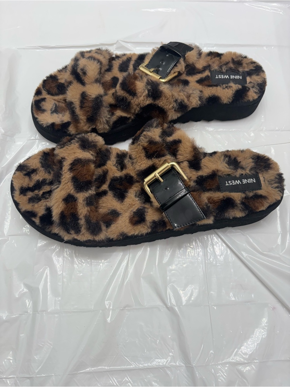 Nine West Leopard Faux-Fur Slide Sandals with Gold Buckle